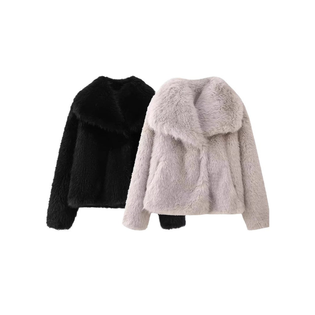 Stylish Short Faux Fur Coat with Polo Collar