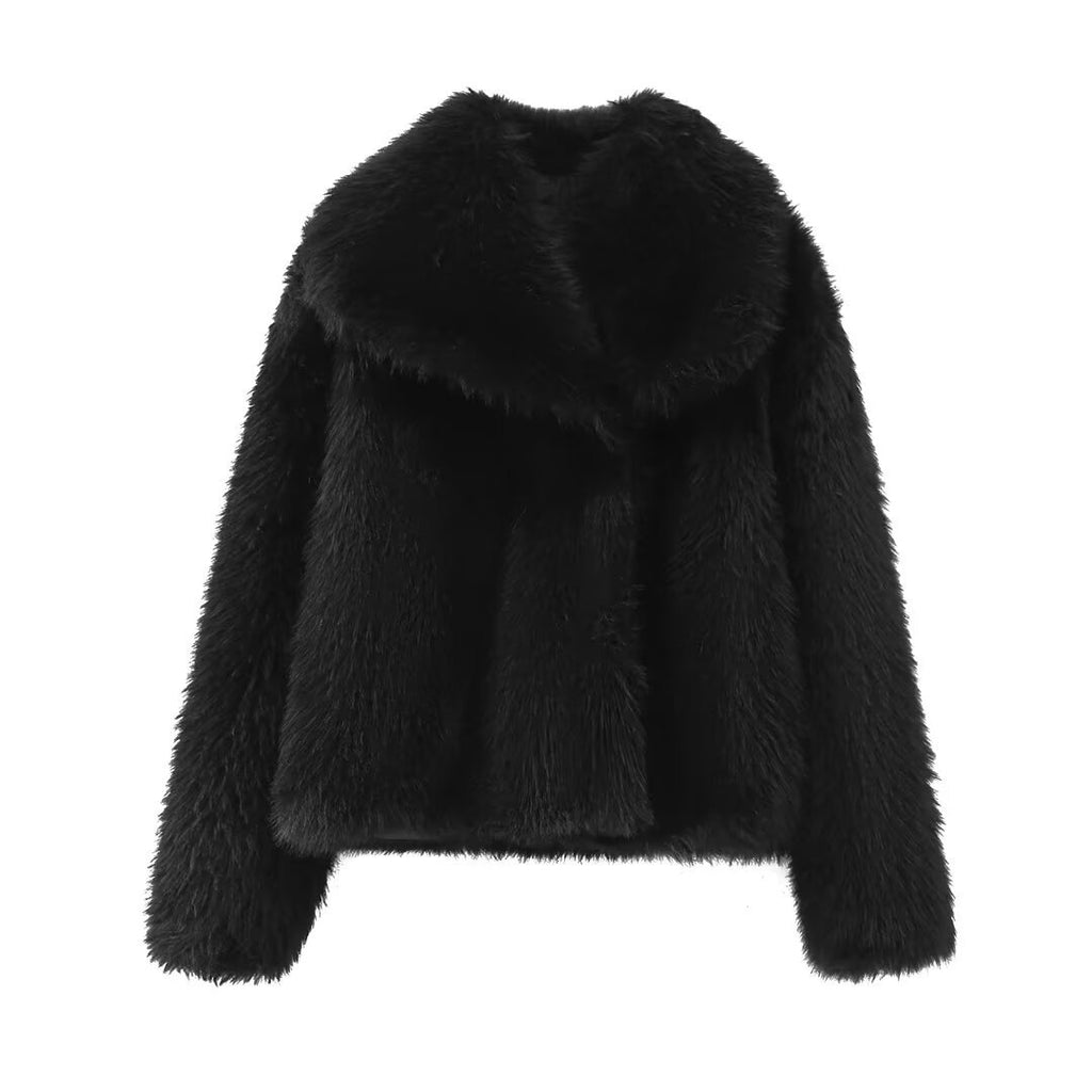 Stylish Short Faux Fur Coat with Polo Collar